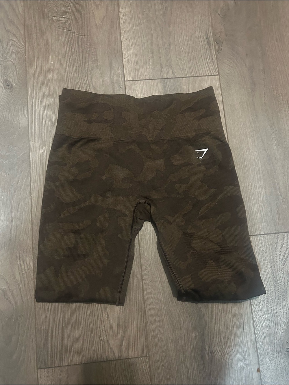 Gymshark Olive Green Camo Biker Shorts - Black Waistband